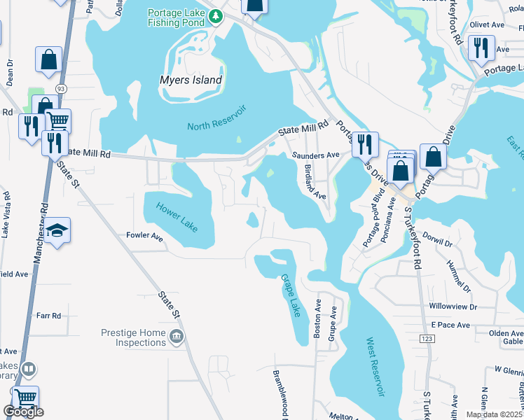 map of restaurants, bars, coffee shops, grocery stores, and more near 630 Roe Drive in Akron