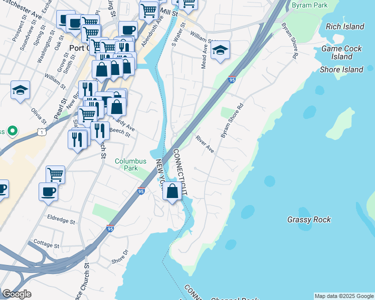 map of restaurants, bars, coffee shops, grocery stores, and more near 24 Cliff Avenue in Greenwich