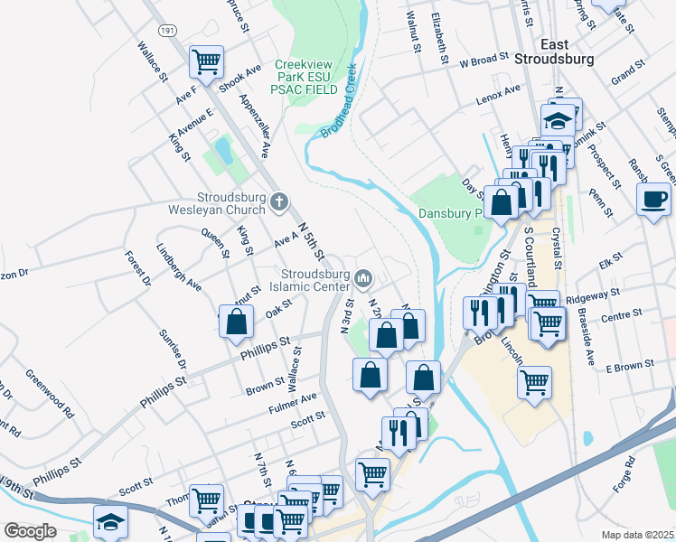 map of restaurants, bars, coffee shops, grocery stores, and more near 540 North 5th Street in Stroudsburg