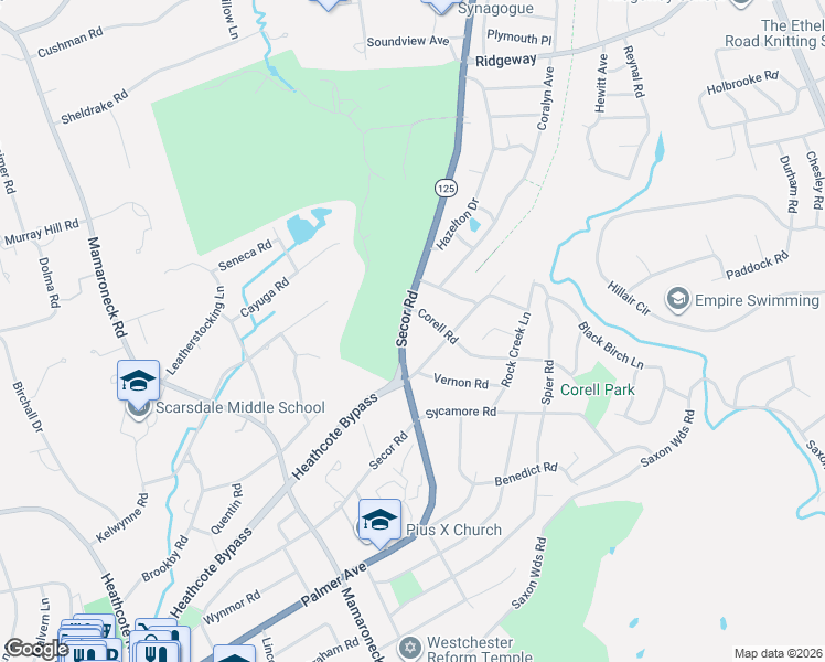 map of restaurants, bars, coffee shops, grocery stores, and more near 173 Secor Road in Scarsdale