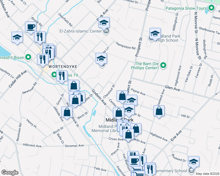 map of restaurants, bars, coffee shops, grocery stores, and more near 43 Chestnut Street in Midland Park