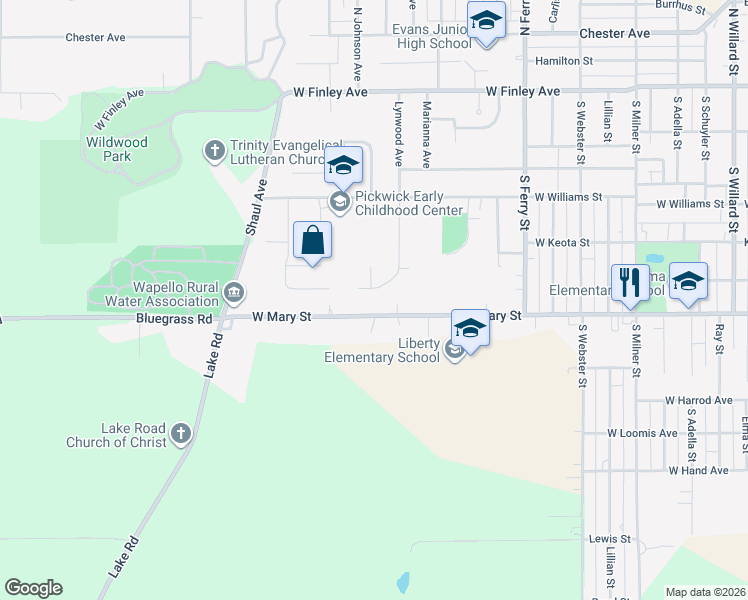 map of restaurants, bars, coffee shops, grocery stores, and more near 1123 West Mary Street in Ottumwa
