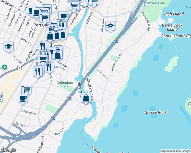 map of restaurants, bars, coffee shops, grocery stores, and more near 24 Cliff Avenue in Greenwich