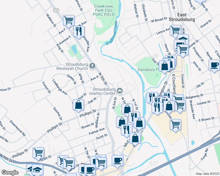 map of restaurants, bars, coffee shops, grocery stores, and more near 554 North 5th Street in Stroudsburg