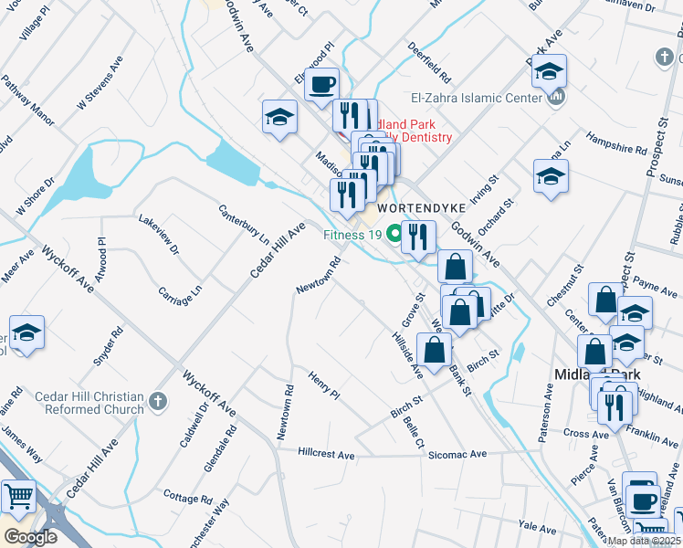 map of restaurants, bars, coffee shops, grocery stores, and more near 290 Newtown Road in Wyckoff