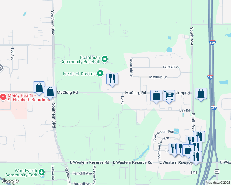 map of restaurants, bars, coffee shops, grocery stores, and more near 500 Youngstown - Salem Road in Youngstown