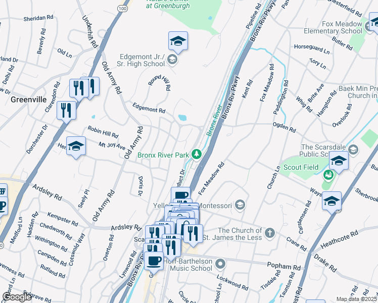 map of restaurants, bars, coffee shops, grocery stores, and more near 13 Hillburn Road in Scarsdale