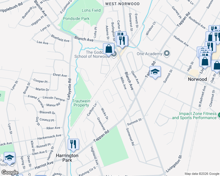 map of restaurants, bars, coffee shops, grocery stores, and more near 17 John Circle in Norwood