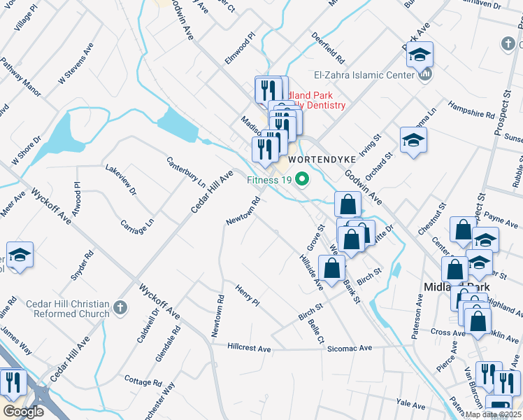 map of restaurants, bars, coffee shops, grocery stores, and more near 290 Newtown Road in Wyckoff