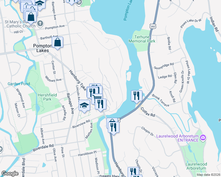 map of restaurants, bars, coffee shops, grocery stores, and more near Vista Terrace in Pompton Lakes