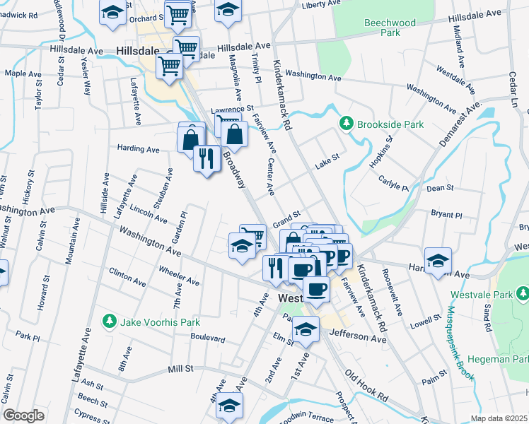 map of restaurants, bars, coffee shops, grocery stores, and more near 621 Broadway in Westwood