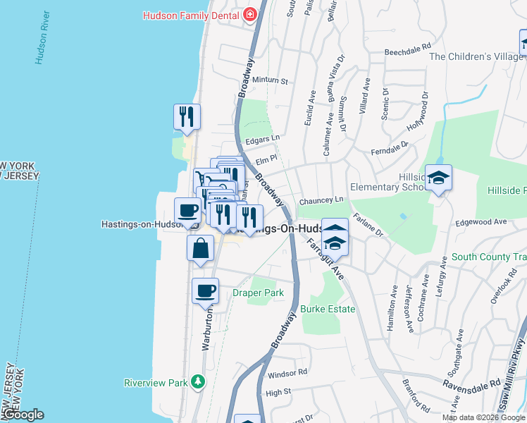 map of restaurants, bars, coffee shops, grocery stores, and more near 555 Broadway in Hastings-on-Hudson