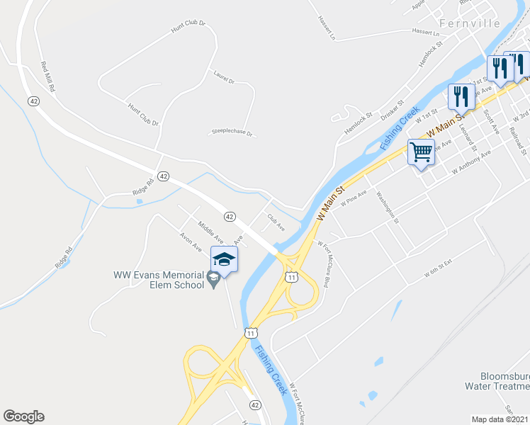 map of restaurants, bars, coffee shops, grocery stores, and more near 20 Cruise Road in Bloomsburg