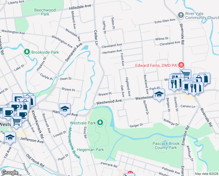 map of restaurants, bars, coffee shops, grocery stores, and more near 538 Bryant Place in River Vale