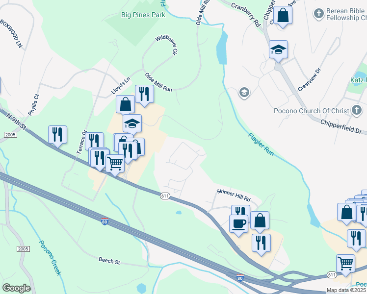 map of restaurants, bars, coffee shops, grocery stores, and more near 194 Mountain View Drive in Stroudsburg