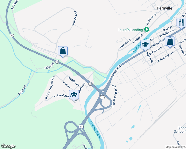 map of restaurants, bars, coffee shops, grocery stores, and more near 19 Club Avenue in Bloomsburg