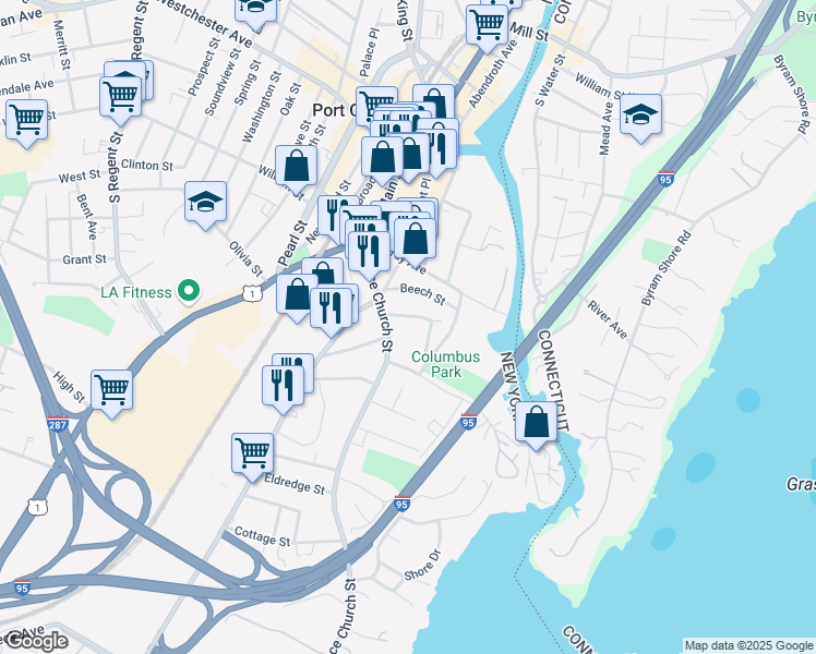 map of restaurants, bars, coffee shops, grocery stores, and more near 17 Nicola Place in Port Chester