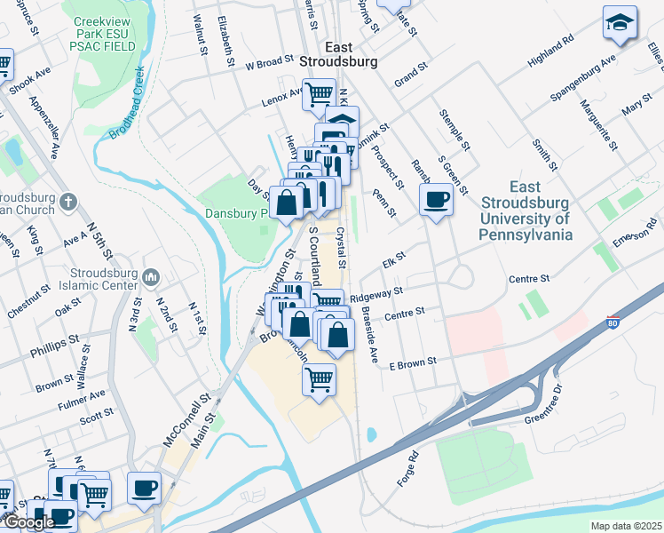 map of restaurants, bars, coffee shops, grocery stores, and more near 250 South Courtland Street in East Stroudsburg