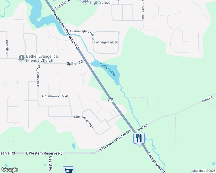 map of restaurants, bars, coffee shops, grocery stores, and more near 8495 Youngstown - Pittsburgh Road in Youngstown