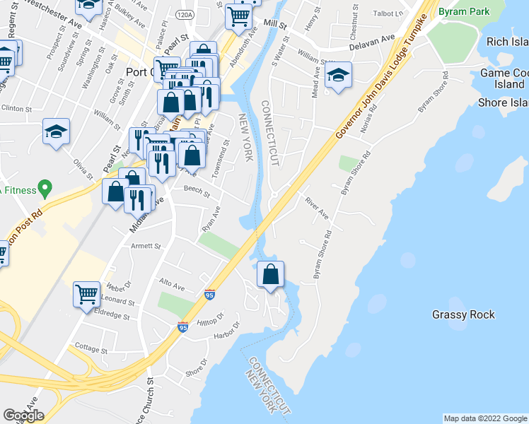 map of restaurants, bars, coffee shops, grocery stores, and more near 242 South Water Street in Greenwich