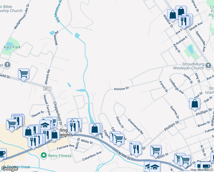 map of restaurants, bars, coffee shops, grocery stores, and more near 1035 Scarlet Oak Lane in Stroudsburg