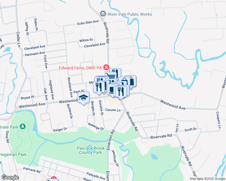 map of restaurants, bars, coffee shops, grocery stores, and more near 207 Rivervale Road in Westwood