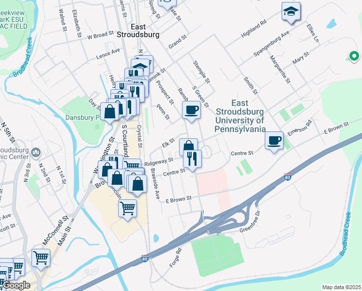 map of restaurants, bars, coffee shops, grocery stores, and more near 120 Ridgeway Street in East Stroudsburg