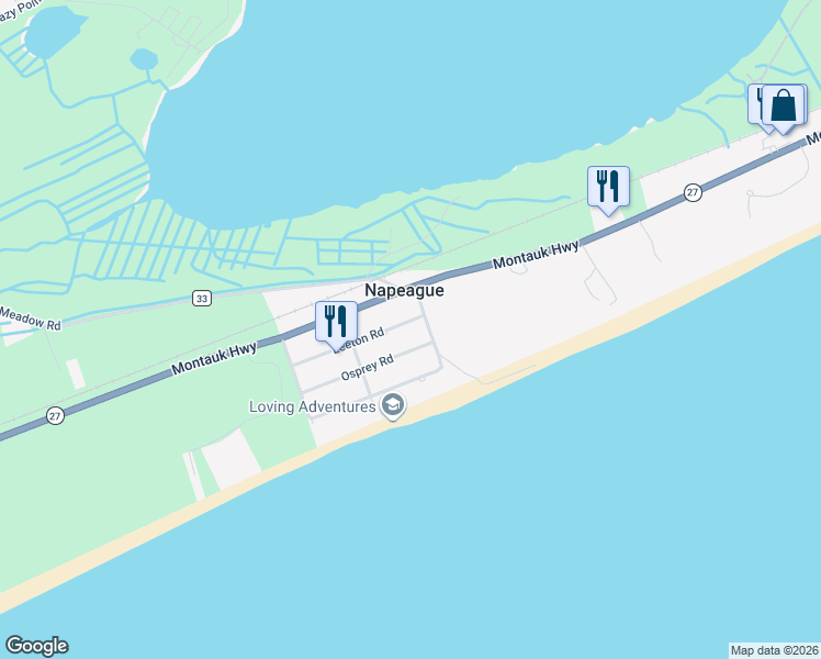 map of restaurants, bars, coffee shops, grocery stores, and more near 84 Leeton Road in Amagansett