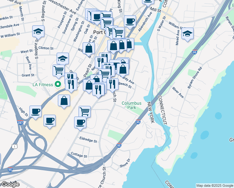 map of restaurants, bars, coffee shops, grocery stores, and more near 78 Grace Church Street in Port Chester