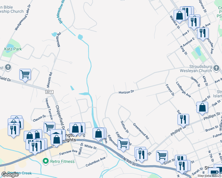 map of restaurants, bars, coffee shops, grocery stores, and more near 1035 Scarlet Oak Lane in Stroudsburg