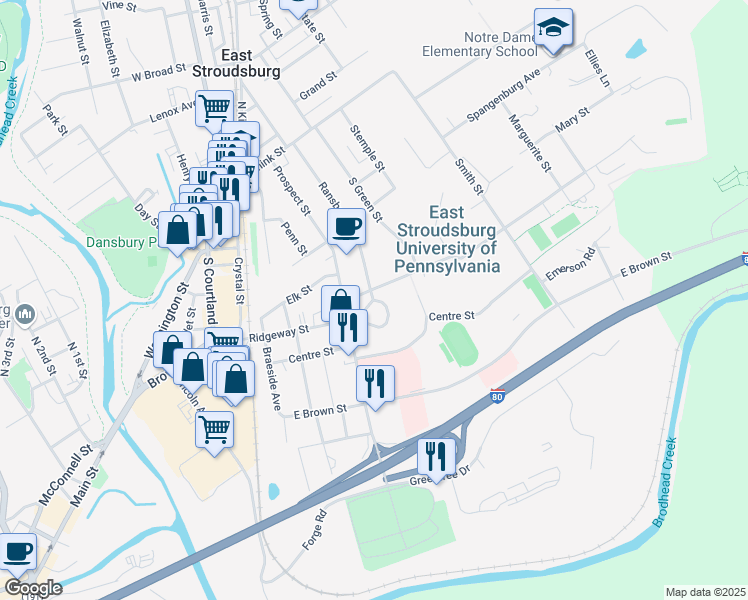 map of restaurants, bars, coffee shops, grocery stores, and more near 1 College Circle in East Stroudsburg