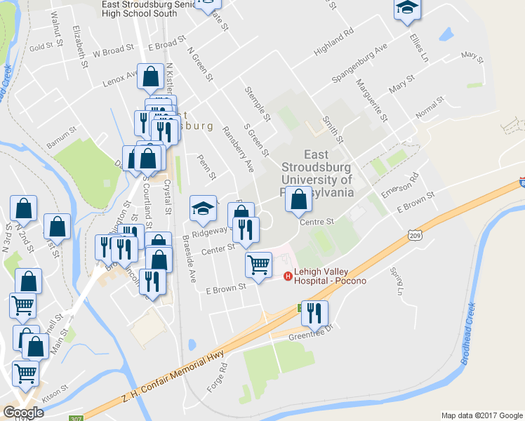 map of restaurants, bars, coffee shops, grocery stores, and more near 1 College Circle in East Stroudsburg