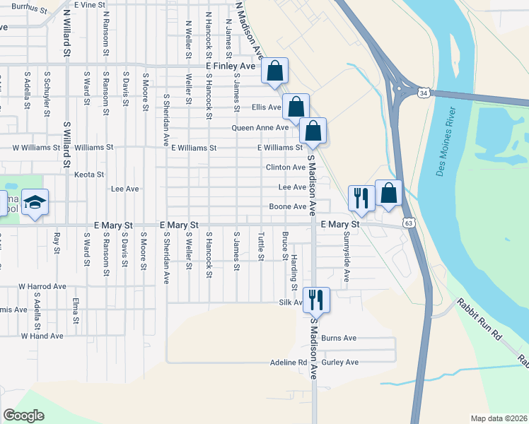 map of restaurants, bars, coffee shops, grocery stores, and more near 925 East Mary Street in Ottumwa