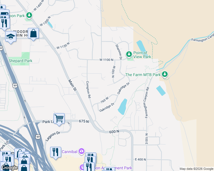 map of restaurants, bars, coffee shops, grocery stores, and more near 151 West Canyon View Drive in Farmington