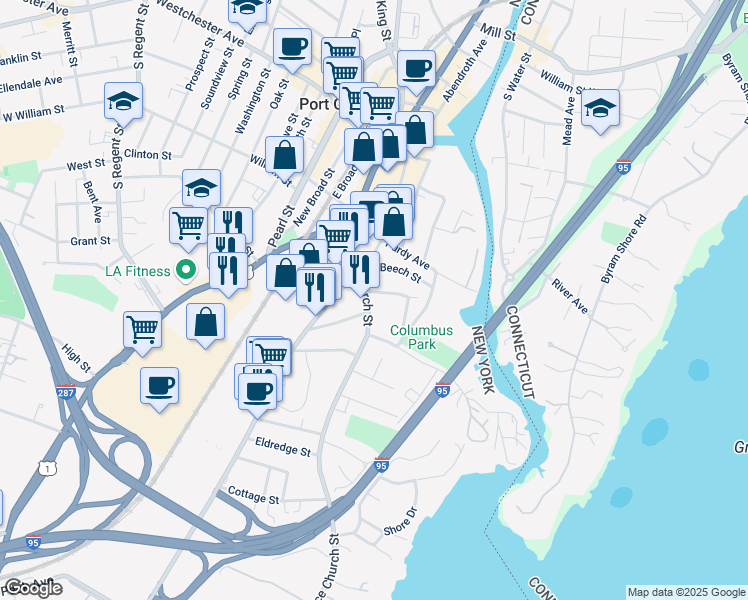 map of restaurants, bars, coffee shops, grocery stores, and more near 78 Grace Church Street in Port Chester
