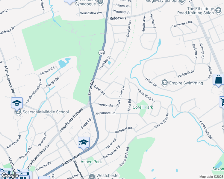 map of restaurants, bars, coffee shops, grocery stores, and more near 29 Corell Road in Scarsdale