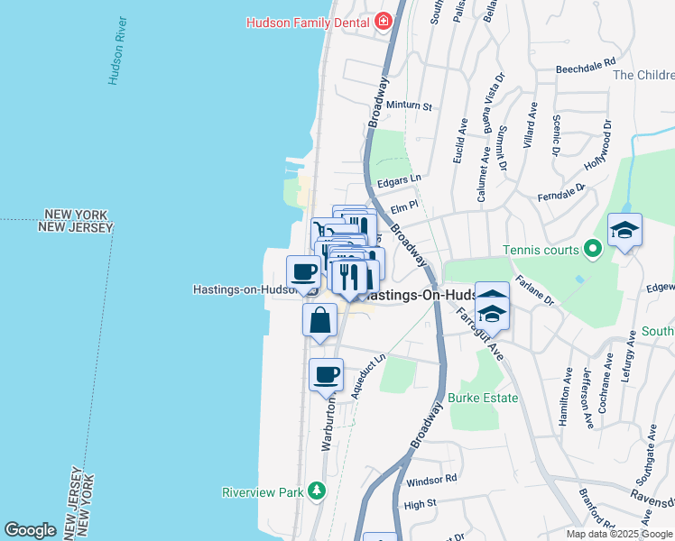 map of restaurants, bars, coffee shops, grocery stores, and more near 549 Warburton Avenue in Hastings-on-Hudson