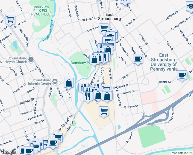 map of restaurants, bars, coffee shops, grocery stores, and more near 219 U.S. 209 Business in East Stroudsburg