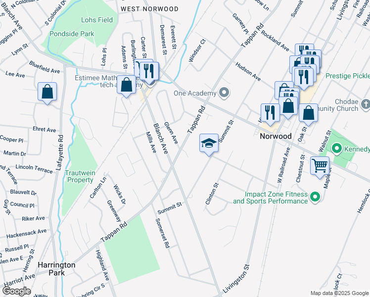 map of restaurants, bars, coffee shops, grocery stores, and more near 3 Villa Court in Norwood