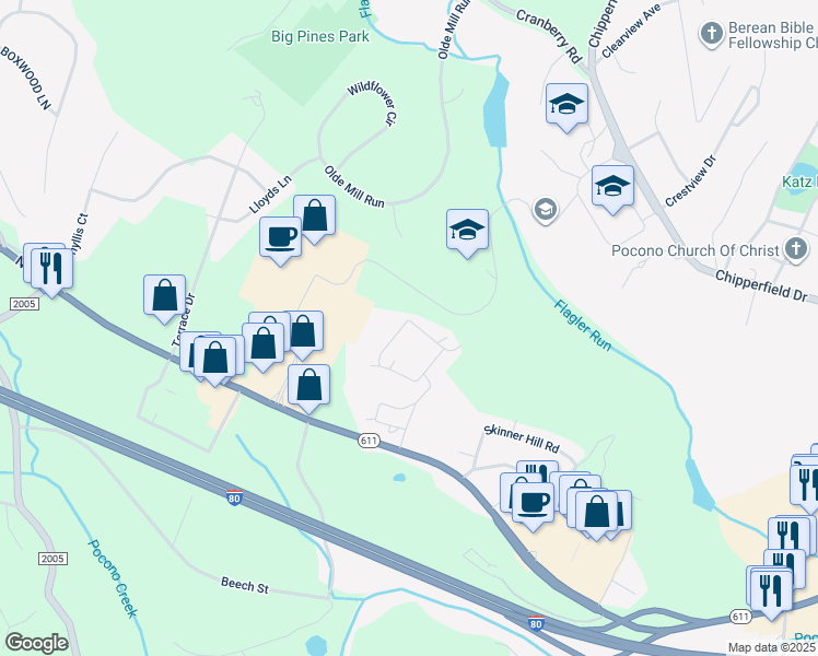 map of restaurants, bars, coffee shops, grocery stores, and more near 194 Mountain View Drive in Stroudsburg