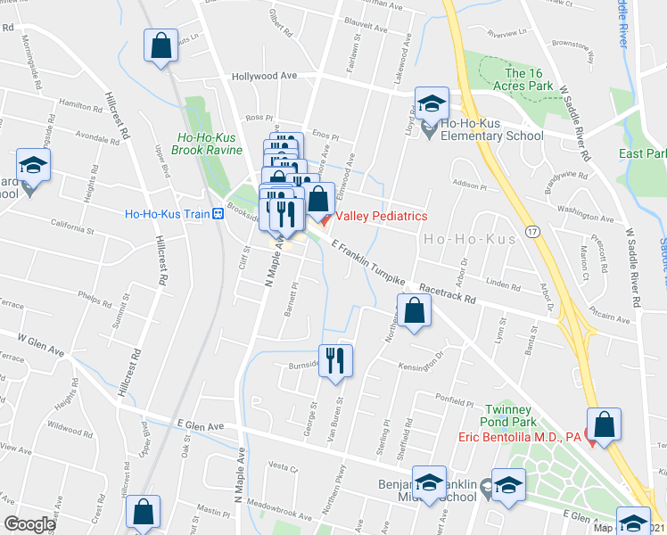 map of restaurants, bars, coffee shops, grocery stores, and more near 10 Nauset Lane in Ridgewood