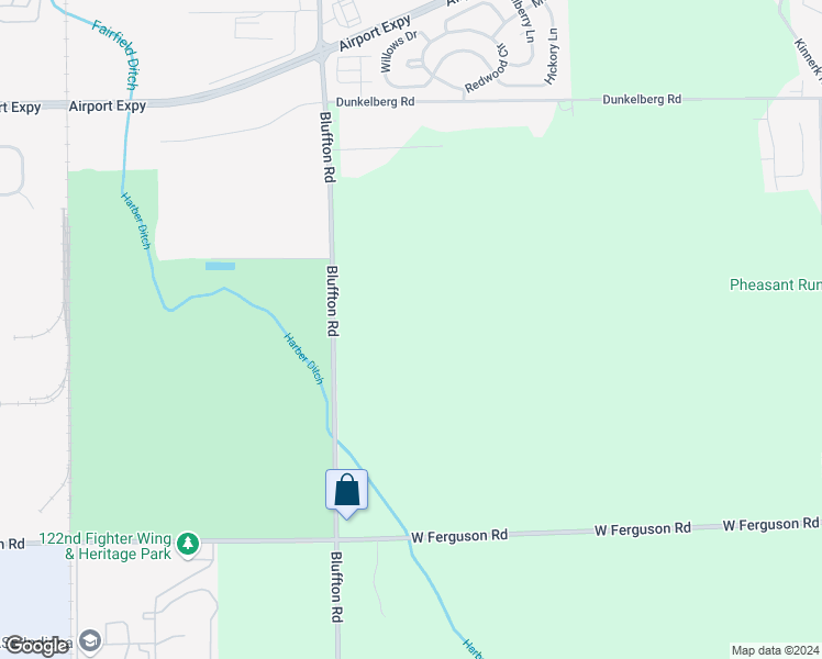 map of restaurants, bars, coffee shops, grocery stores, and more near 9641 Bluffton Road in Fort Wayne