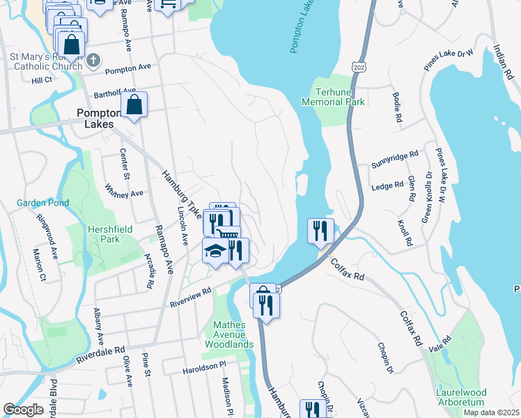 map of restaurants, bars, coffee shops, grocery stores, and more near 62 Lakeview Court in Pompton Lakes