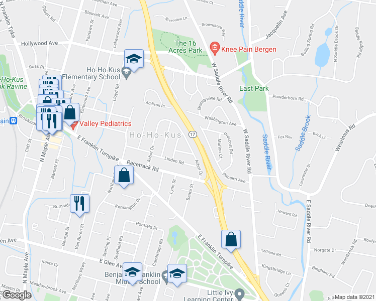 map of restaurants, bars, coffee shops, grocery stores, and more near 3 Gordon Road in Ho-Ho-Kus