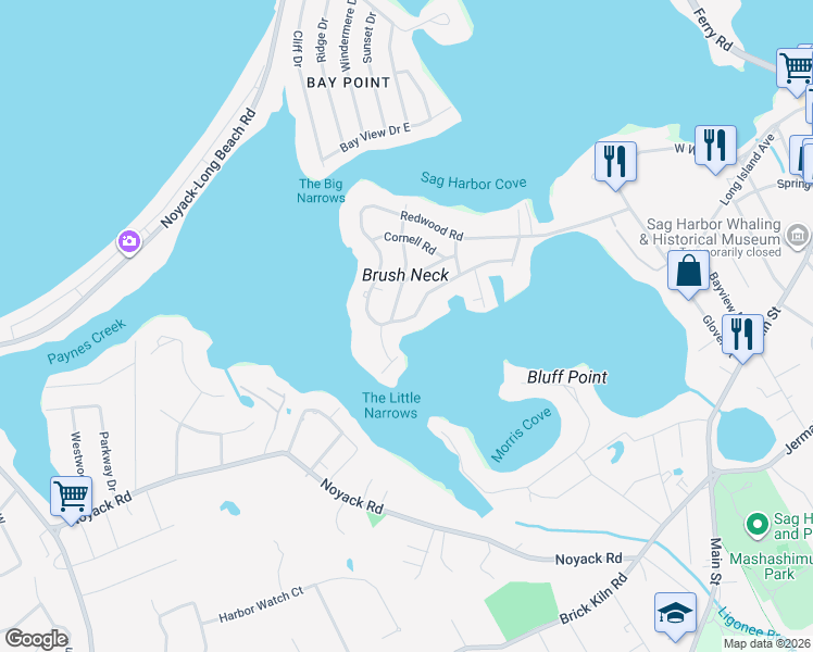 map of restaurants, bars, coffee shops, grocery stores, and more near 210 Redwood Road in Sag Harbor