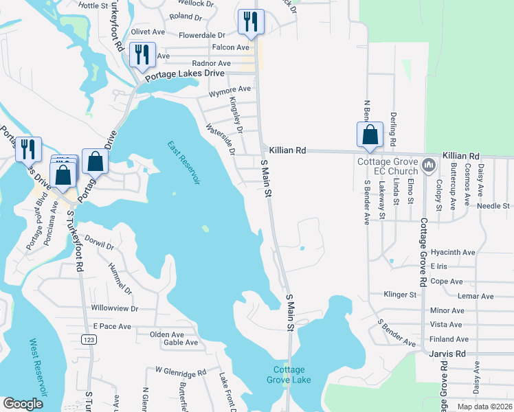 map of restaurants, bars, coffee shops, grocery stores, and more near 3400 South Main Street in Akron