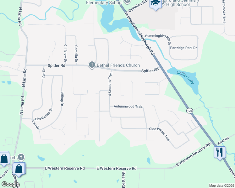 map of restaurants, bars, coffee shops, grocery stores, and more near 8446 Weathered Wood Trail in Youngstown