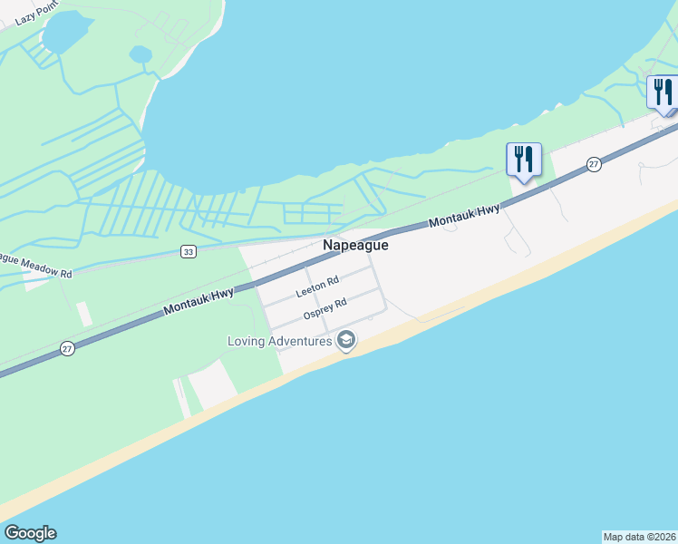 map of restaurants, bars, coffee shops, grocery stores, and more near 67 Leeton Road in Amagansett