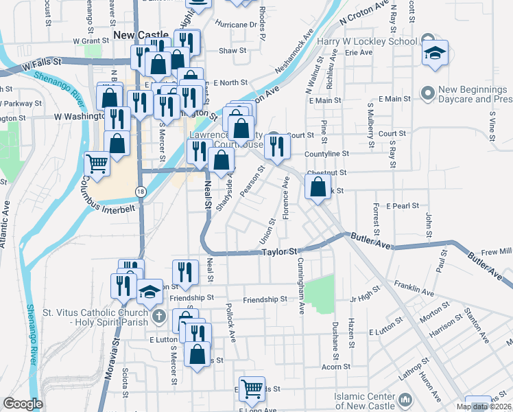 map of restaurants, bars, coffee shops, grocery stores, and more near 601 Fairview Avenue in New Castle