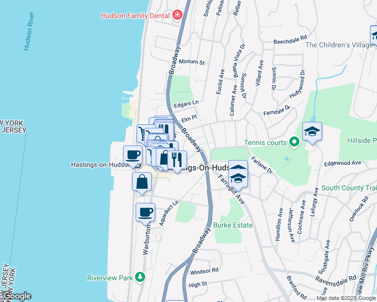 map of restaurants, bars, coffee shops, grocery stores, and more near 87 Main Street in Hastings-on-Hudson